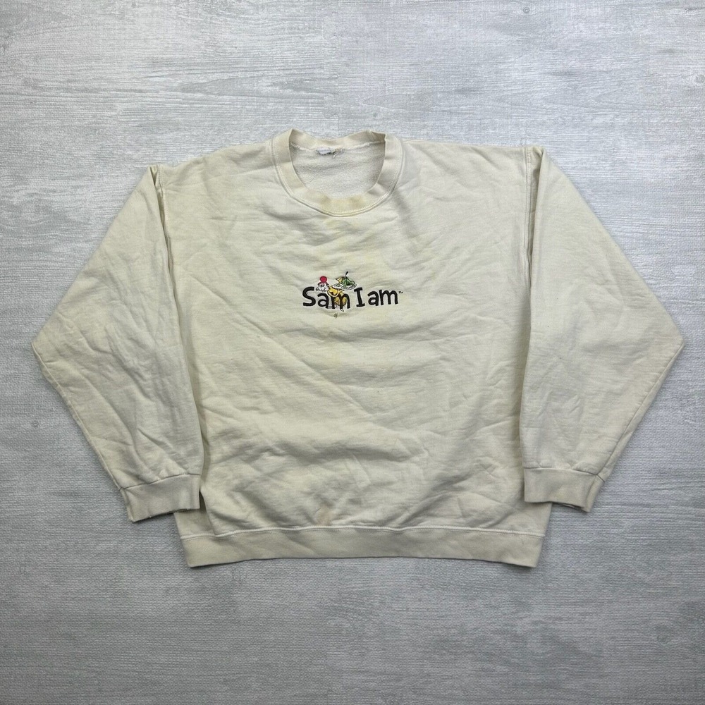 Vintage Green Eggs Ham Sweatshirt Adult Large White Dr Seuss Sam‎ I am Book